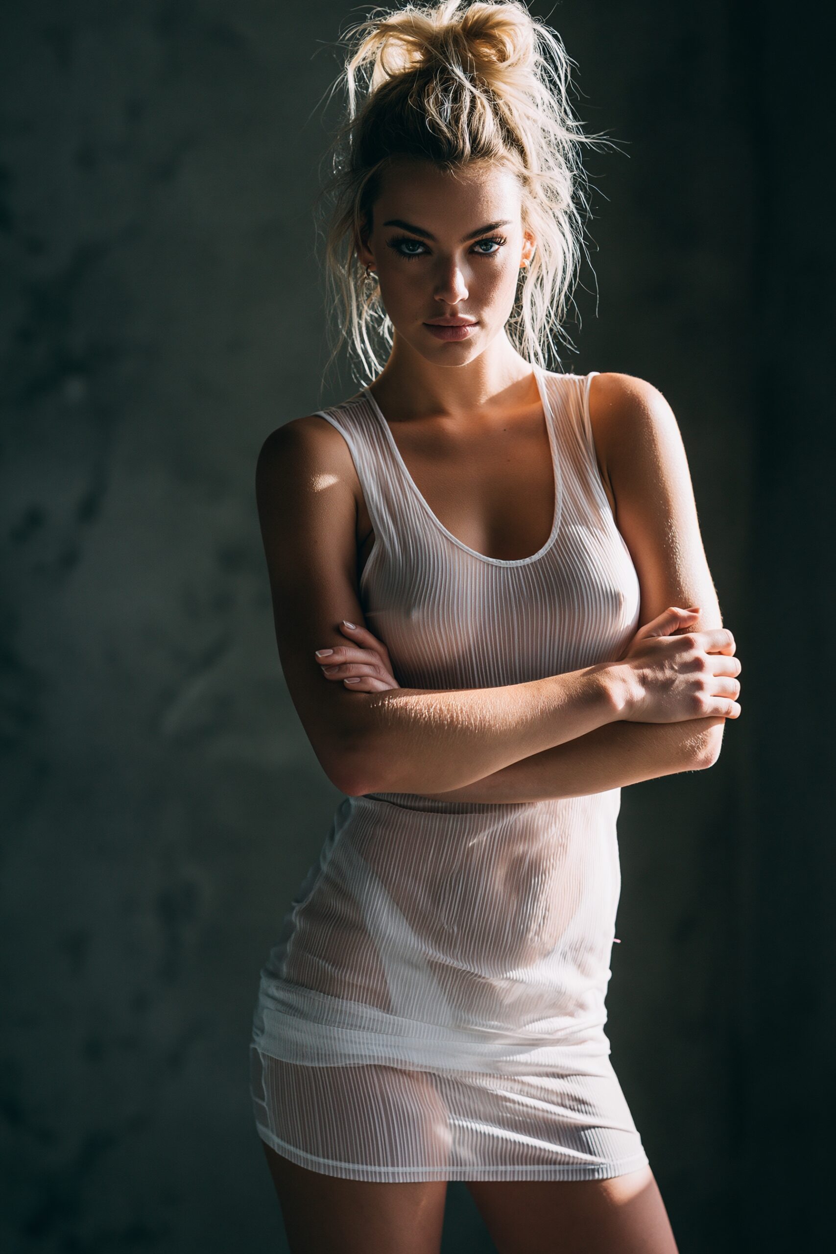 Photographic portrait of a confident woman with blonde hair in a bun, wearing white ribbed tank top, arms crossed against moody teal textured background with warm golden lighting.