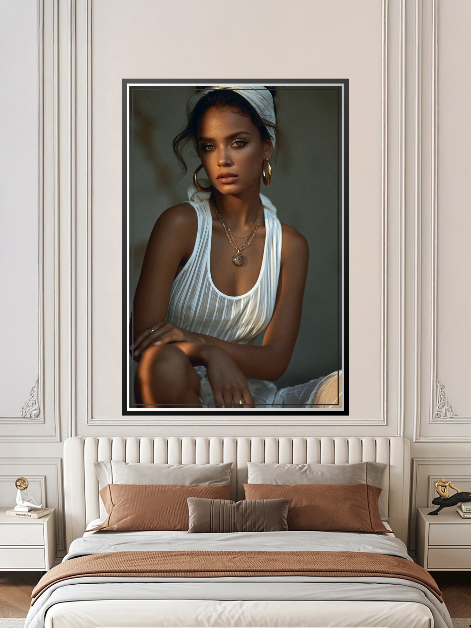 Sultry photographic portrait of a woman with commanding gaze, golden lighting, white headwrap, and delicate jewelry against warm neutral tones.