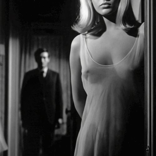 Black and white noir film still poster showing a blonde woman in a nightgown near a doorway with a distant figure in shadows, 1960s cinematic drama wall art.