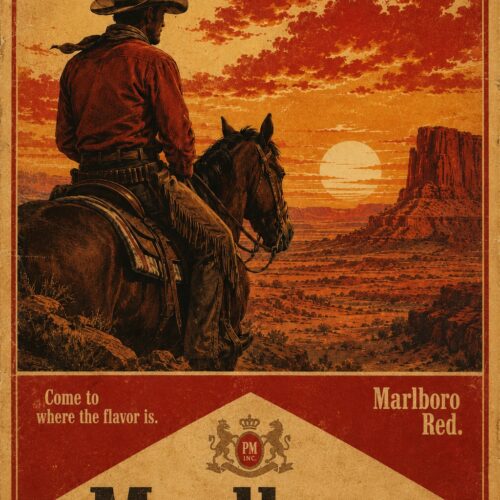 Vintage cowboy on horseback silhouetted against a dramatic red-orange sunset with desert buttes, rendered in classic Western art style with warm golden and burnt orange tones.