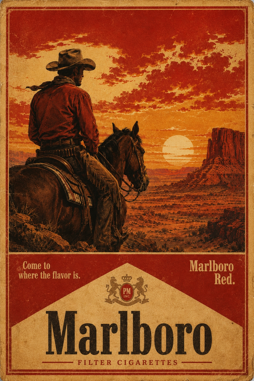 Vintage cowboy on horseback silhouetted against a dramatic red-orange sunset with desert buttes, rendered in classic Western art style with warm golden and burnt orange tones.