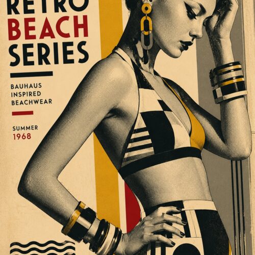 Bauhaus-style retro beach poster featuring a woman in geometric striped swimwear with bold yellow, red, and black color blocking, 1968 vintage beachwear design.