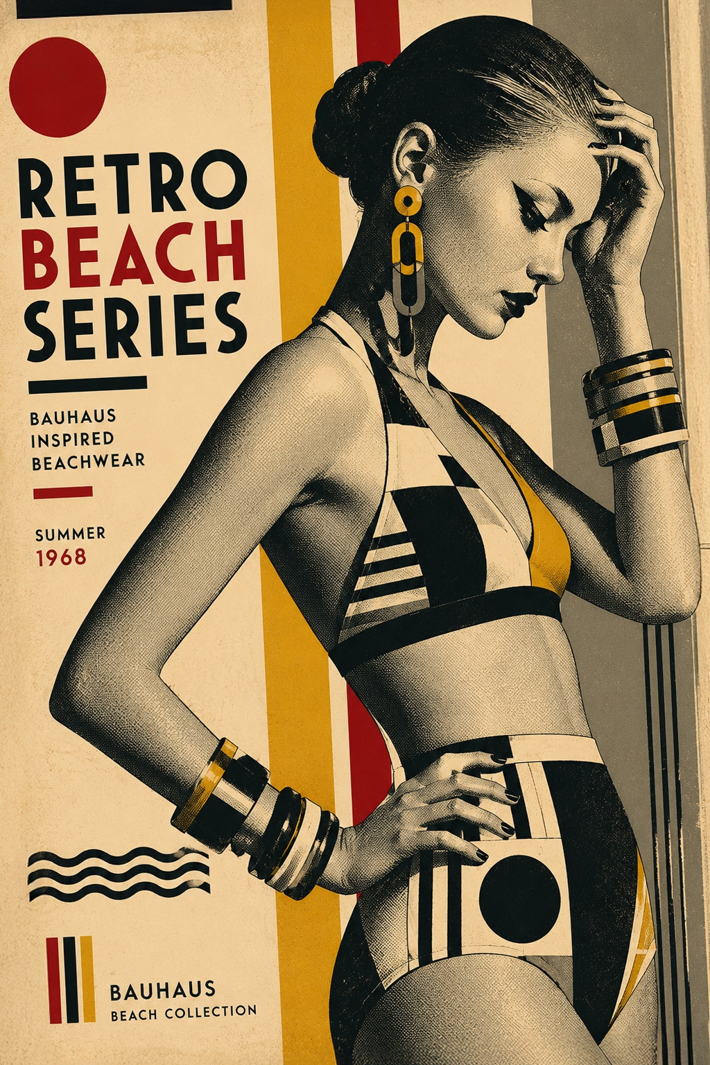 Bauhaus-style retro beach poster featuring a woman in geometric striped swimwear with bold yellow, red, and black color blocking, 1968 vintage beachwear design.