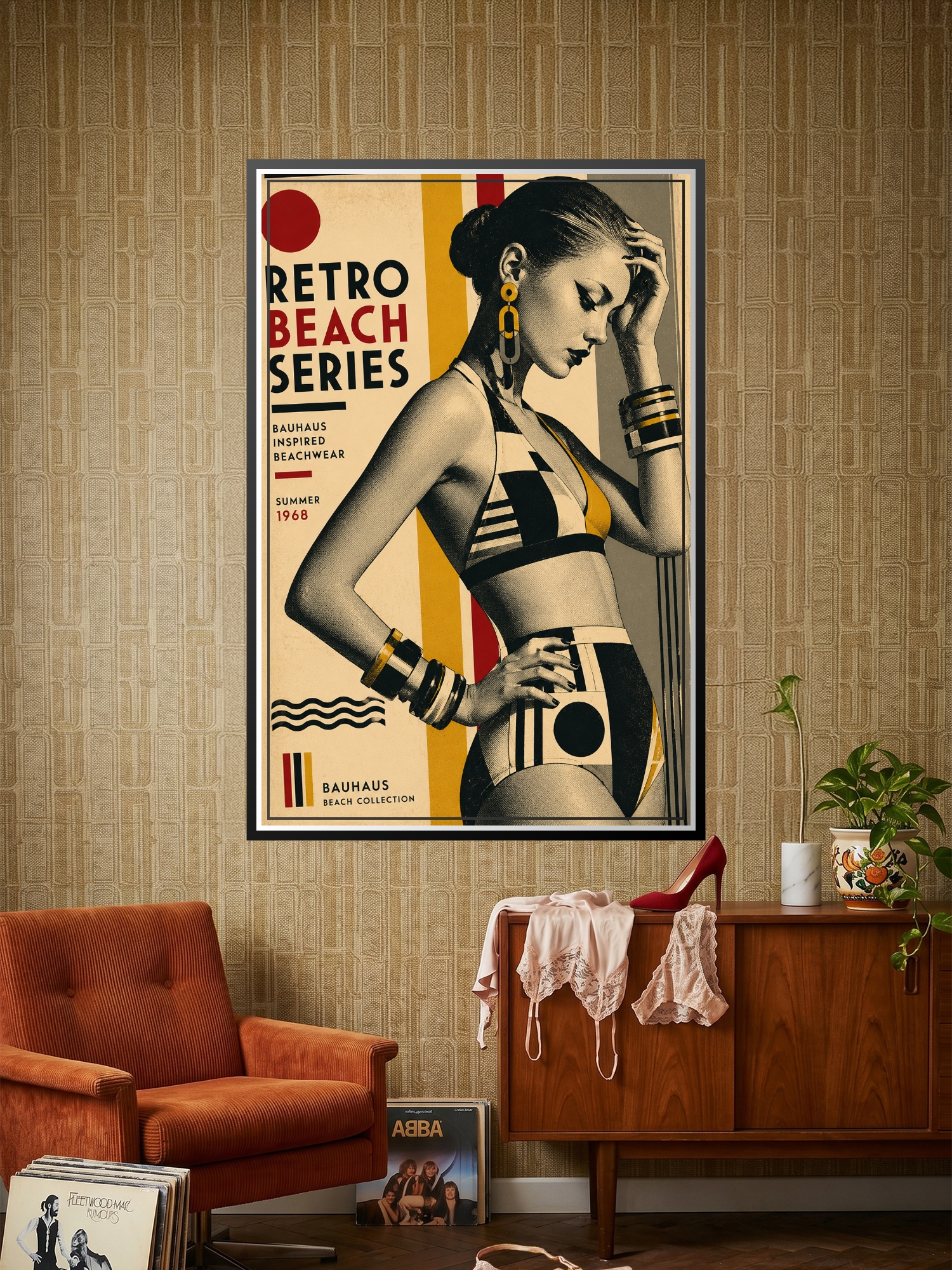 Bauhaus-style retro beach poster featuring a woman in geometric striped swimwear with bold yellow, red, and black color blocking, 1968 vintage beachwear design.