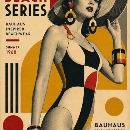 Vintage Bauhaus retro beach poster featuring a woman in black and cream swimsuit with geometric shapes in red, gold, and charcoal, 1968 inspired wall art.