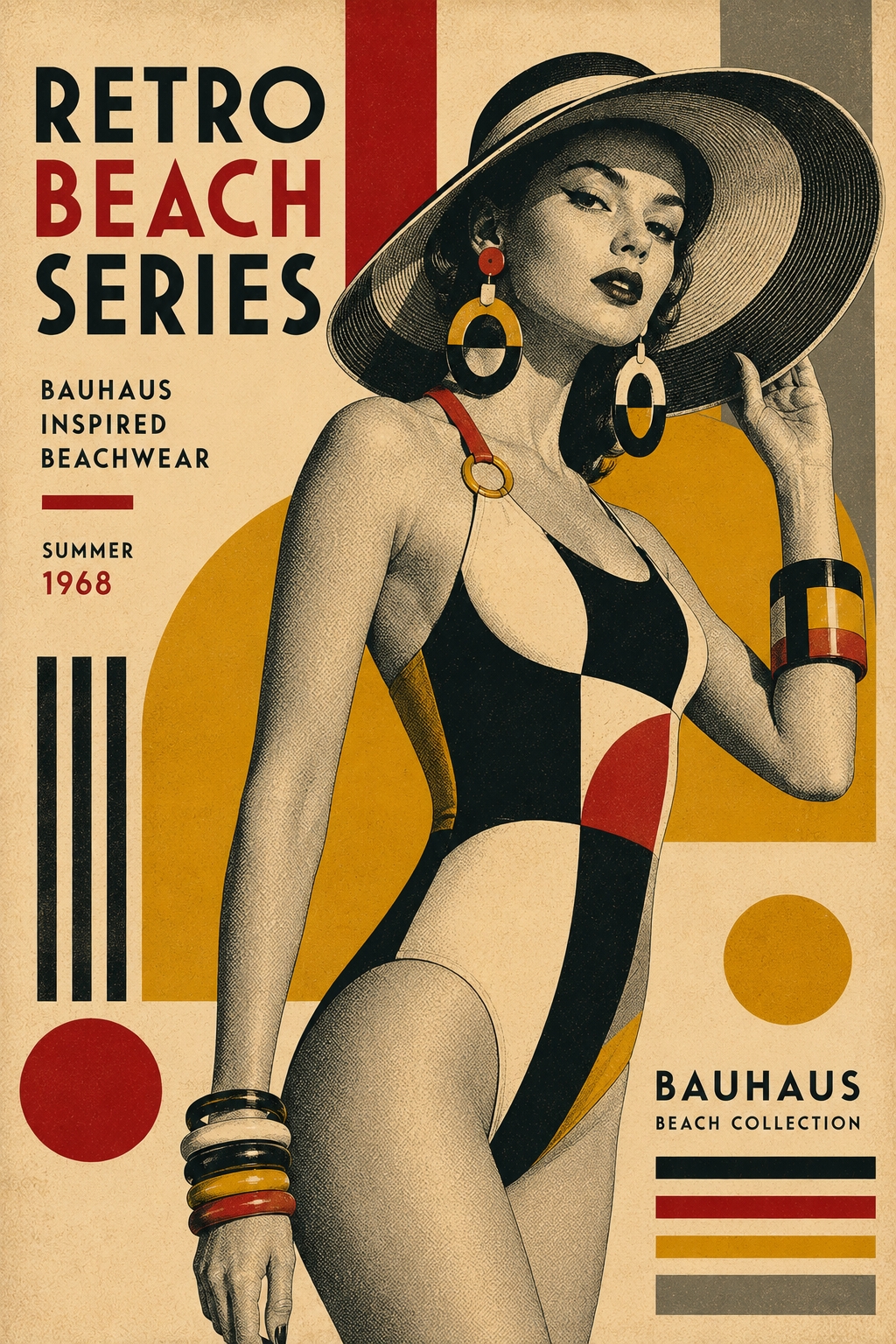Vintage Bauhaus retro beach poster featuring a woman in black and cream swimsuit with geometric shapes in red, gold, and charcoal, 1968 inspired wall art.