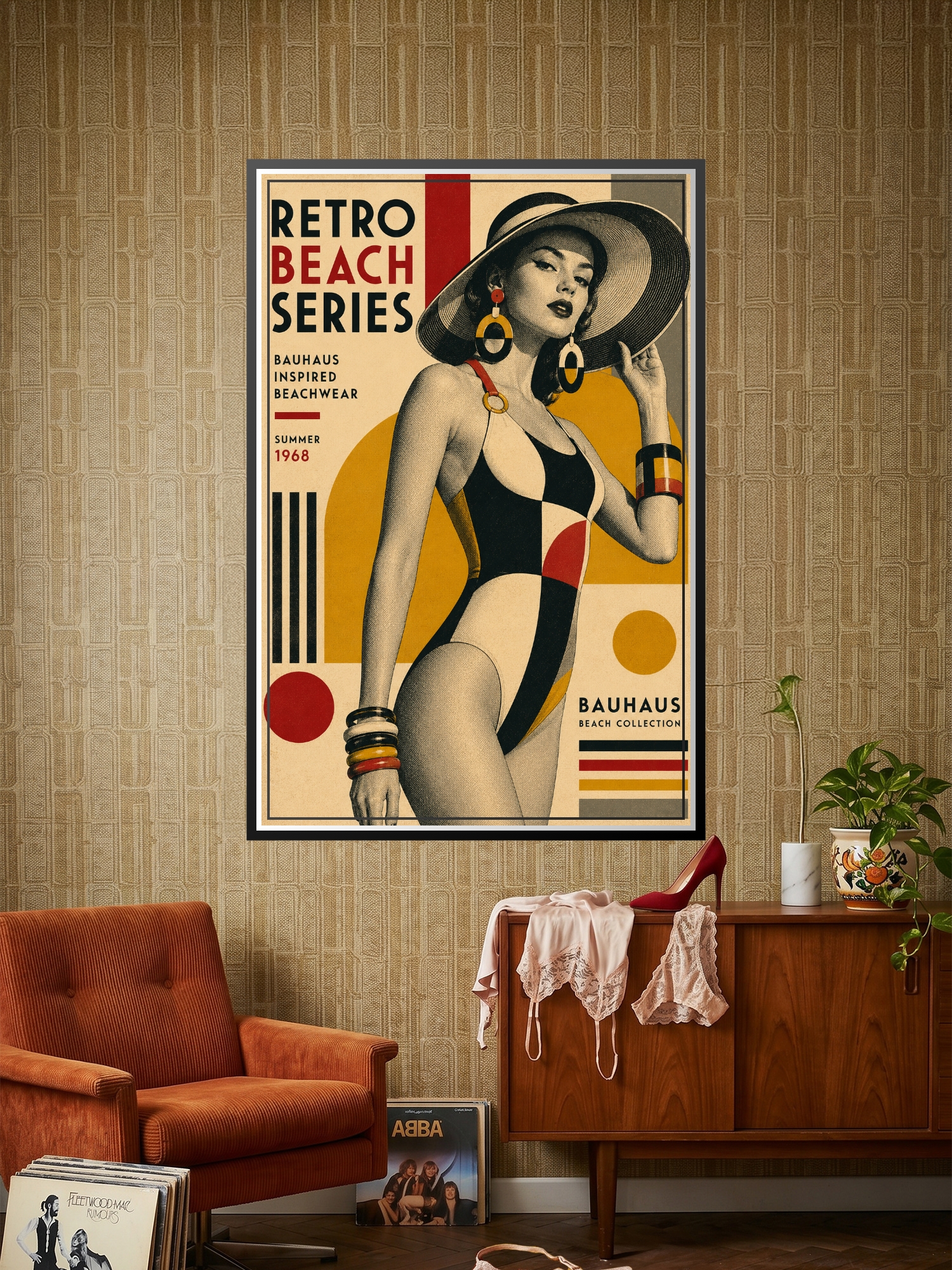 Vintage Bauhaus retro beach poster featuring a woman in black and cream swimsuit with geometric shapes in red, gold, and charcoal, 1968 inspired wall art.