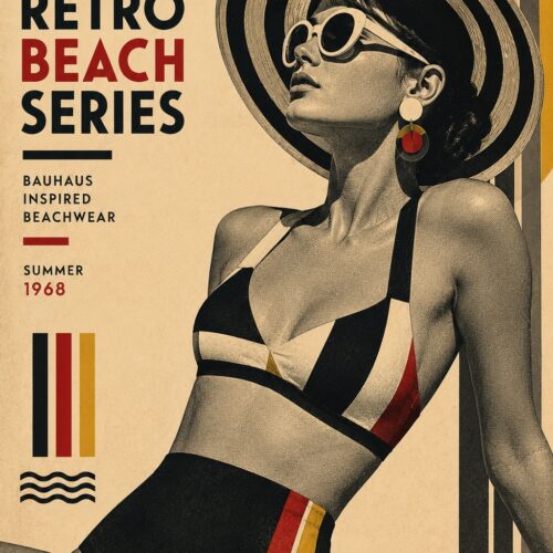 Bauhaus retro beach poster featuring a stylized woman in geometric beachwear with wide-brimmed hat and sunglasses, surrounded by black, red, and gold geometric shapes on cream background, labeled Summer 1968.