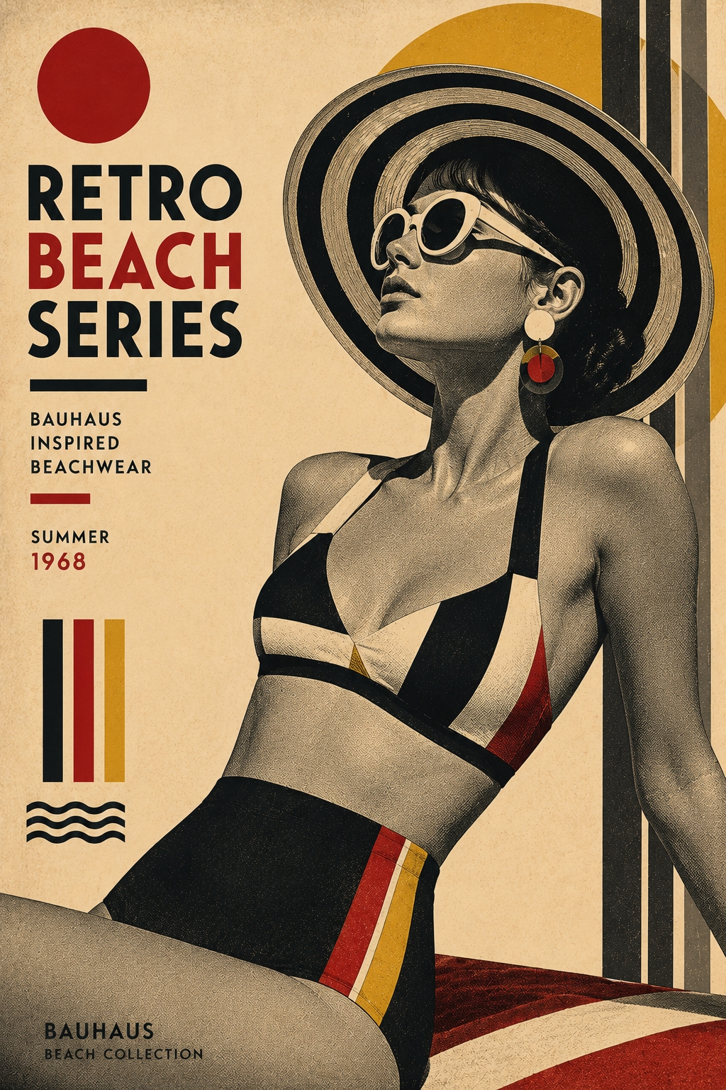 Bauhaus retro beach poster featuring a stylized woman in geometric beachwear with wide-brimmed hat and sunglasses, surrounded by black, red, and gold geometric shapes on cream background, labeled Summer 1968.