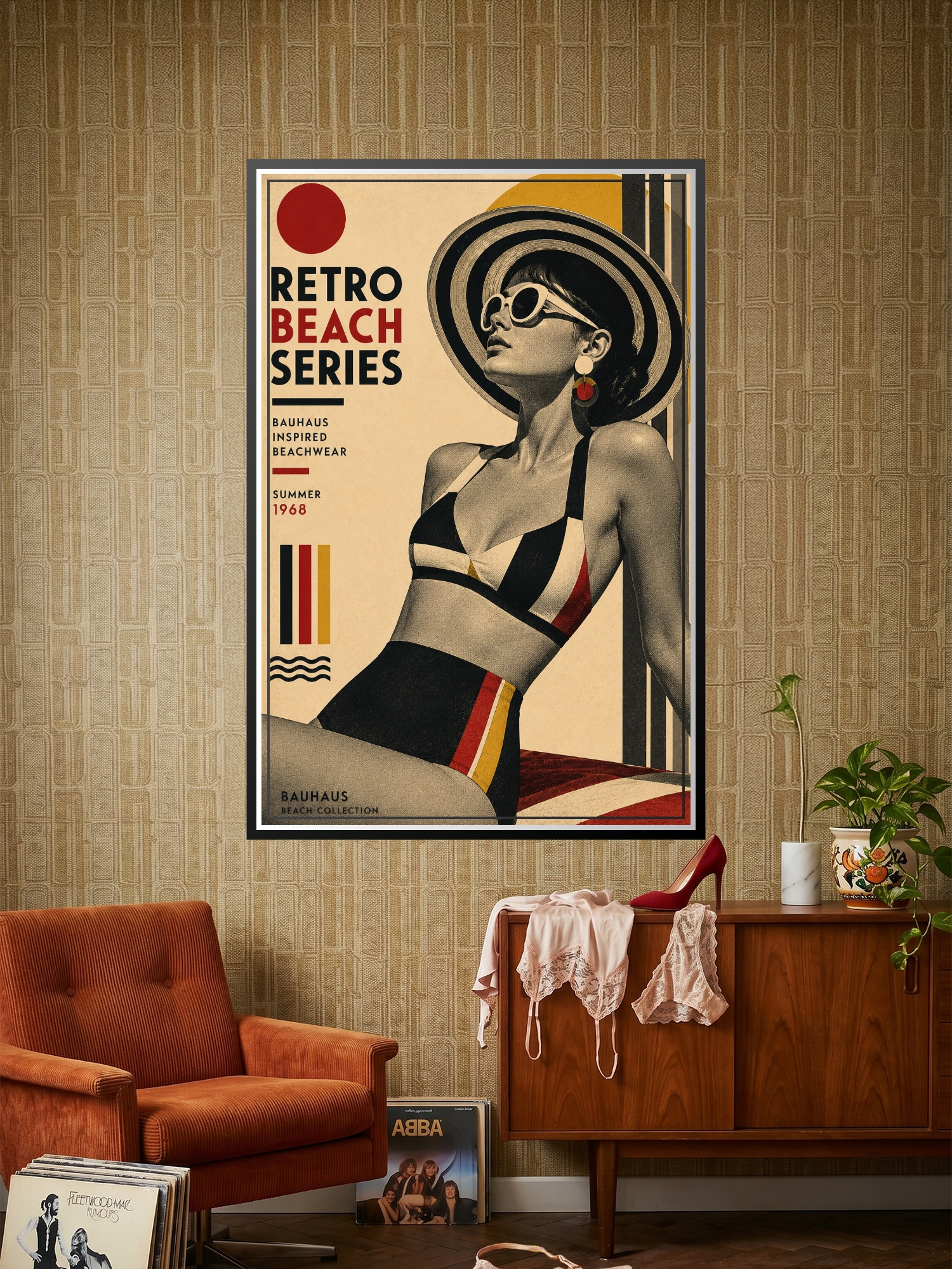 Bauhaus retro beach poster featuring a stylized woman in geometric beachwear with wide-brimmed hat and sunglasses, surrounded by black, red, and gold geometric shapes on cream background, labeled Summer 1968.