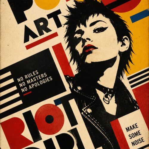 Pop art poster of a rebellious girl with spiky black hair against bold red, gold, and cream geometric shapes with punk rock typography.
