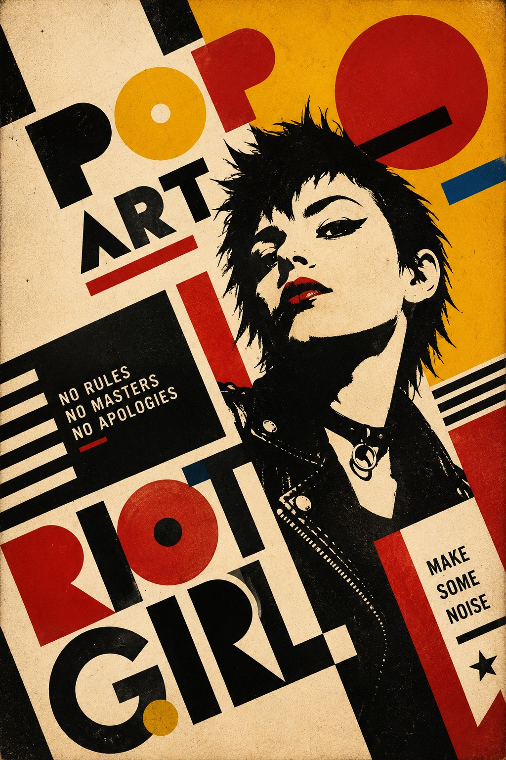 Pop art poster of a rebellious girl with spiky black hair against bold red, gold, and cream geometric shapes with punk rock typography.