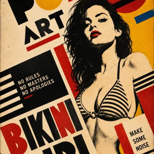 Vibrant pop art poster of a confident woman in striped bikini with bold geometric shapes, red circles, and rebellious typography on cream and yellow background.
