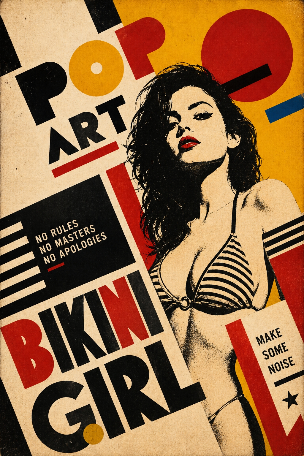 Vibrant pop art poster of a confident woman in striped bikini with bold geometric shapes, red circles, and rebellious typography on cream and yellow background.