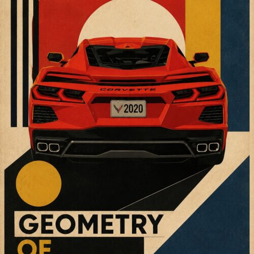 Bold Art Deco Corvette poster featuring a red 2020 sports car centered in a composition of black stripes, golden circles, and navy blocks on cream background, with Geometry of Power text.