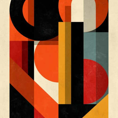 Bold art deco geometric poster with overlapping circles and rectangles in burnt orange, black, cream, and mustard yellow on textured cream background.