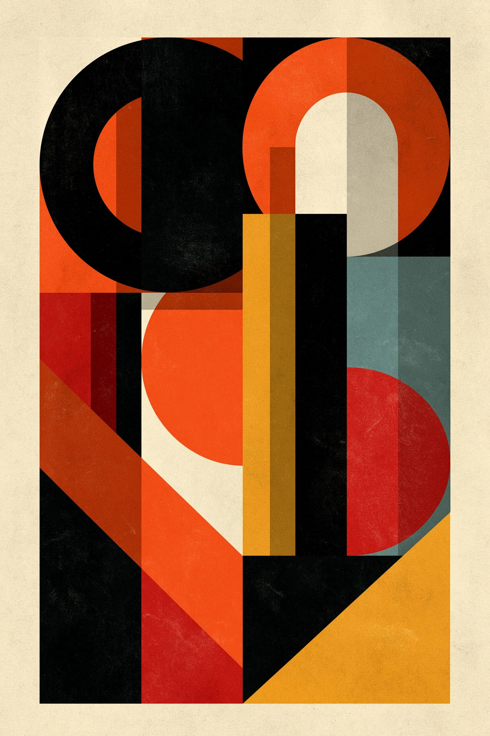 Bold art deco geometric poster with overlapping circles and rectangles in burnt orange, black, cream, and mustard yellow on textured cream background.