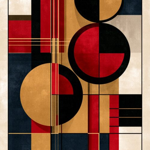Bauhaus abstract poster featuring stacked circles and grid lines in red, black, tan, mustard, and navy blocks with refined 1920s modernist graphic design.