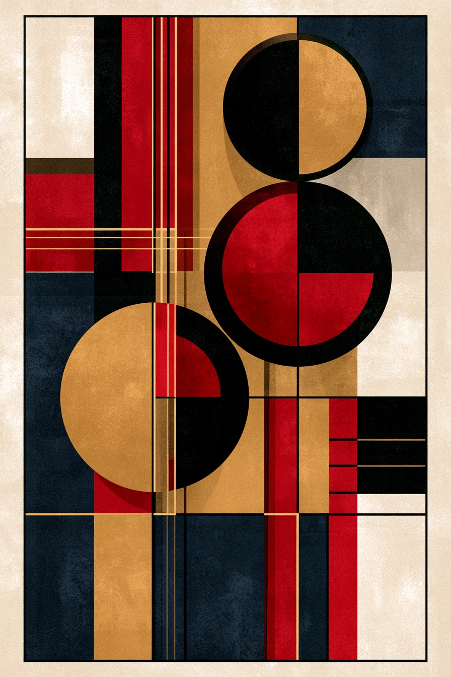 Bauhaus abstract poster featuring stacked circles and grid lines in red, black, tan, mustard, and navy blocks with refined 1920s modernist graphic design.