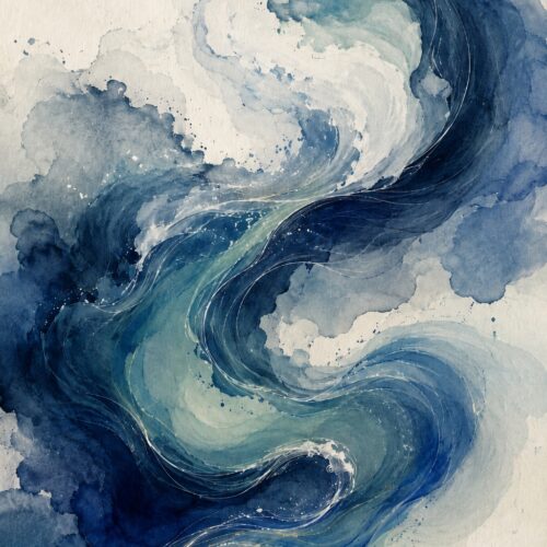 Watercolor ocean wave poster with flowing navy blue, seafoam, and cream tones depicting serene abstract water movement.