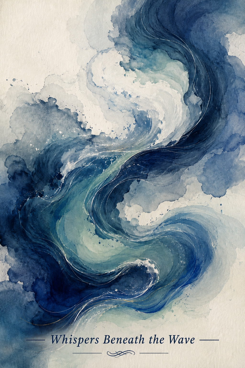 Watercolor ocean wave poster with flowing navy blue, seafoam, and cream tones depicting serene abstract water movement.