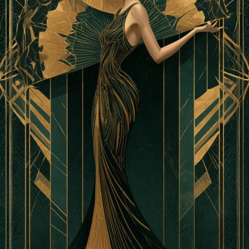 Art Deco woman poster featuring an elegant figure in golden feathered gown with radiating geometric patterns and forest green background.