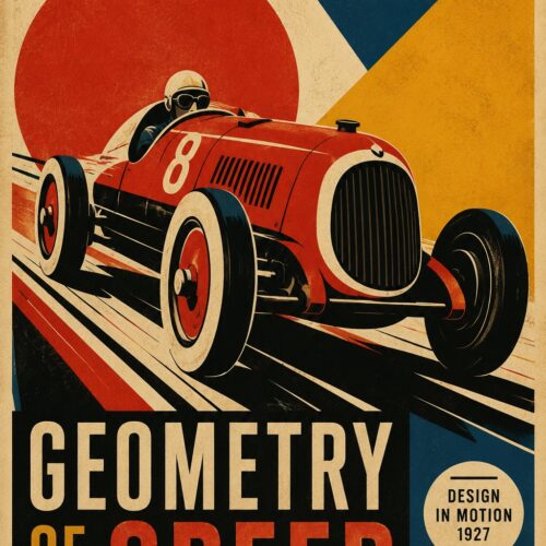 Vintage Art Deco racing car wall art in bold red with geometric shapes, cream, teal, and mustard yellow colors, 1920s Bauhaus poster style.