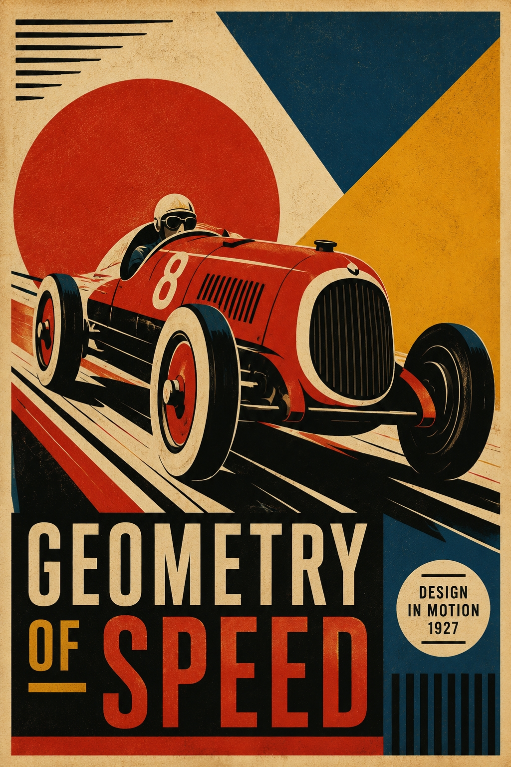 Vintage Art Deco racing car wall art in bold red with geometric shapes, cream, teal, and mustard yellow colors, 1920s Bauhaus poster style.