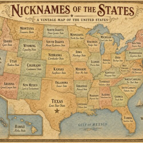Vintage map of the United States showing all 50 states labeled with their official nicknames in sepia tones with decorative border and compass rose.
