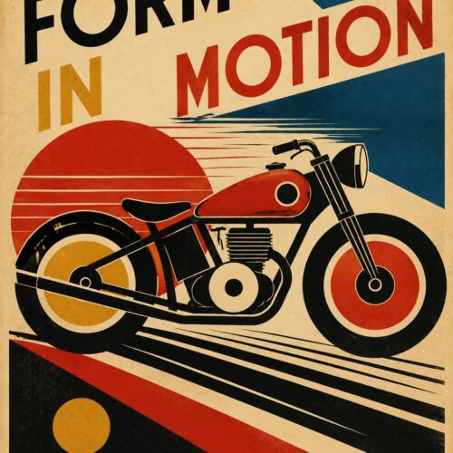 Art Deco motorcycle poster with geometric design, bold red and blue elements, cream background, and dynamic diagonal motion lines in Bauhaus style.