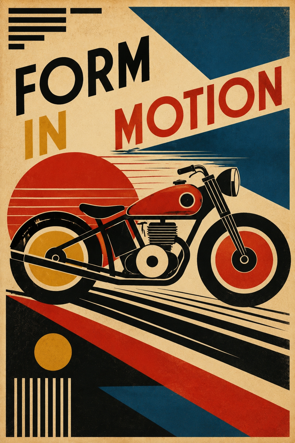 Art Deco motorcycle poster with geometric design, bold red and blue elements, cream background, and dynamic diagonal motion lines in Bauhaus style.