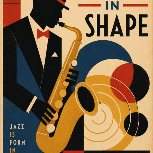 Bold Art Deco jazz saxophone player poster with geometric silhouette, golden saxophone, and abstract circular sound wave forms in red, navy, mustard, and cream colors.