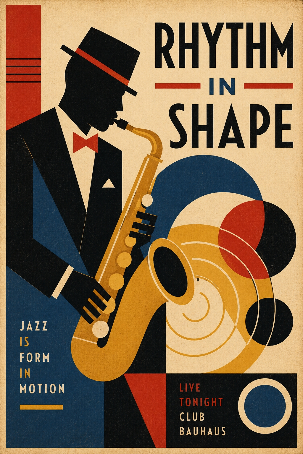 Bold Art Deco jazz saxophone player poster with geometric silhouette, golden saxophone, and abstract circular sound wave forms in red, navy, mustard, and cream colors.