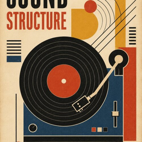 Bauhaus-style art deco turntable poster featuring a bold black vinyl record with concentric rings, geometric tonearm, and abstract sound waves in deep blue, mustard yellow, and red on a cream background.