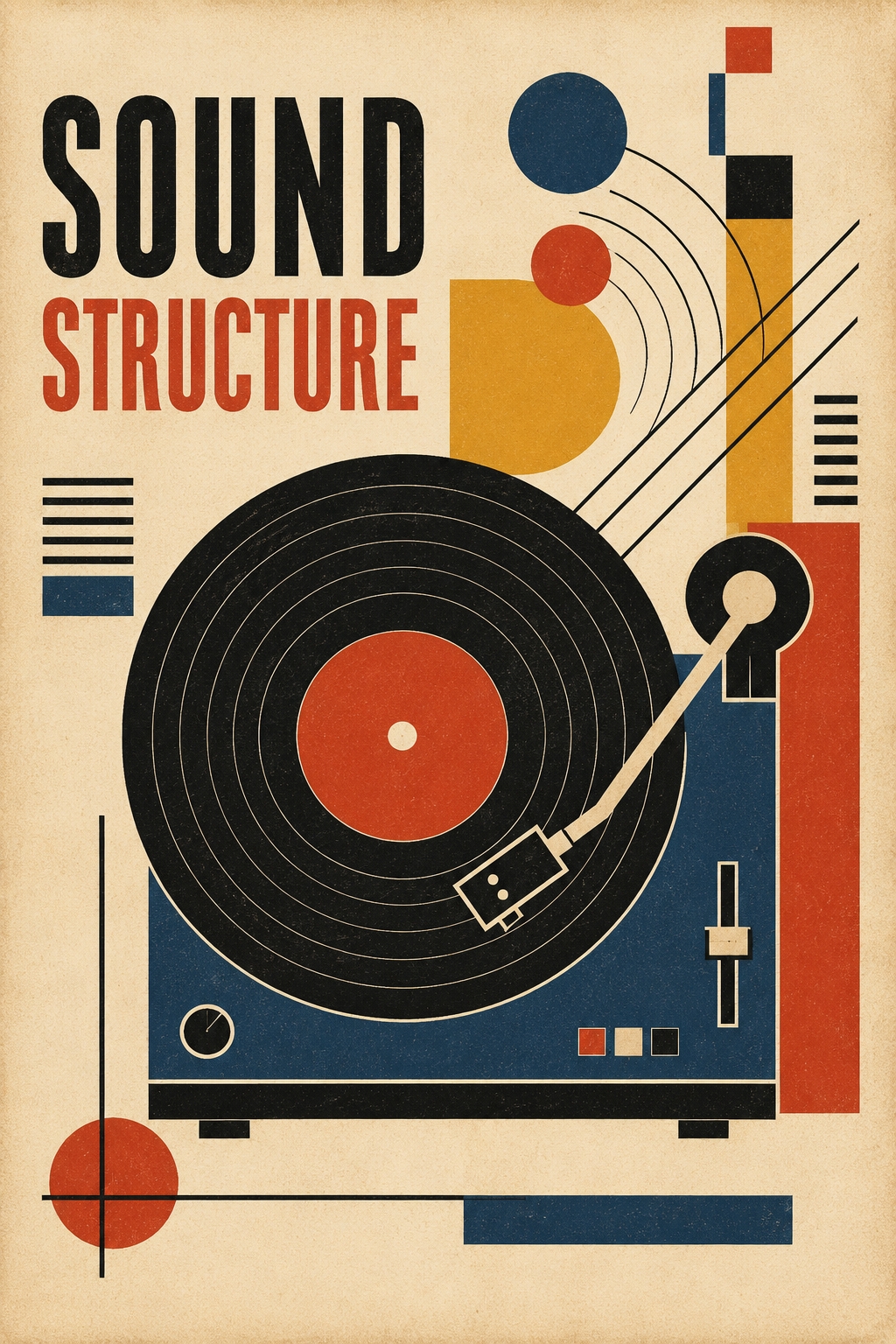 Bauhaus-style art deco turntable poster featuring a bold black vinyl record with concentric rings, geometric tonearm, and abstract sound waves in deep blue, mustard yellow, and red on a cream background.