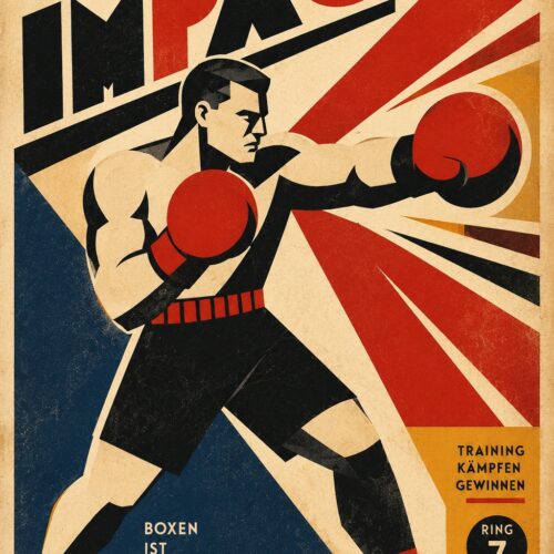 Vintage Bauhaus boxing poster featuring a geometric muscular fighter in fighting stance with oversized red gloves, sharp black lines, and dynamic diagonal impact lines on cream background.