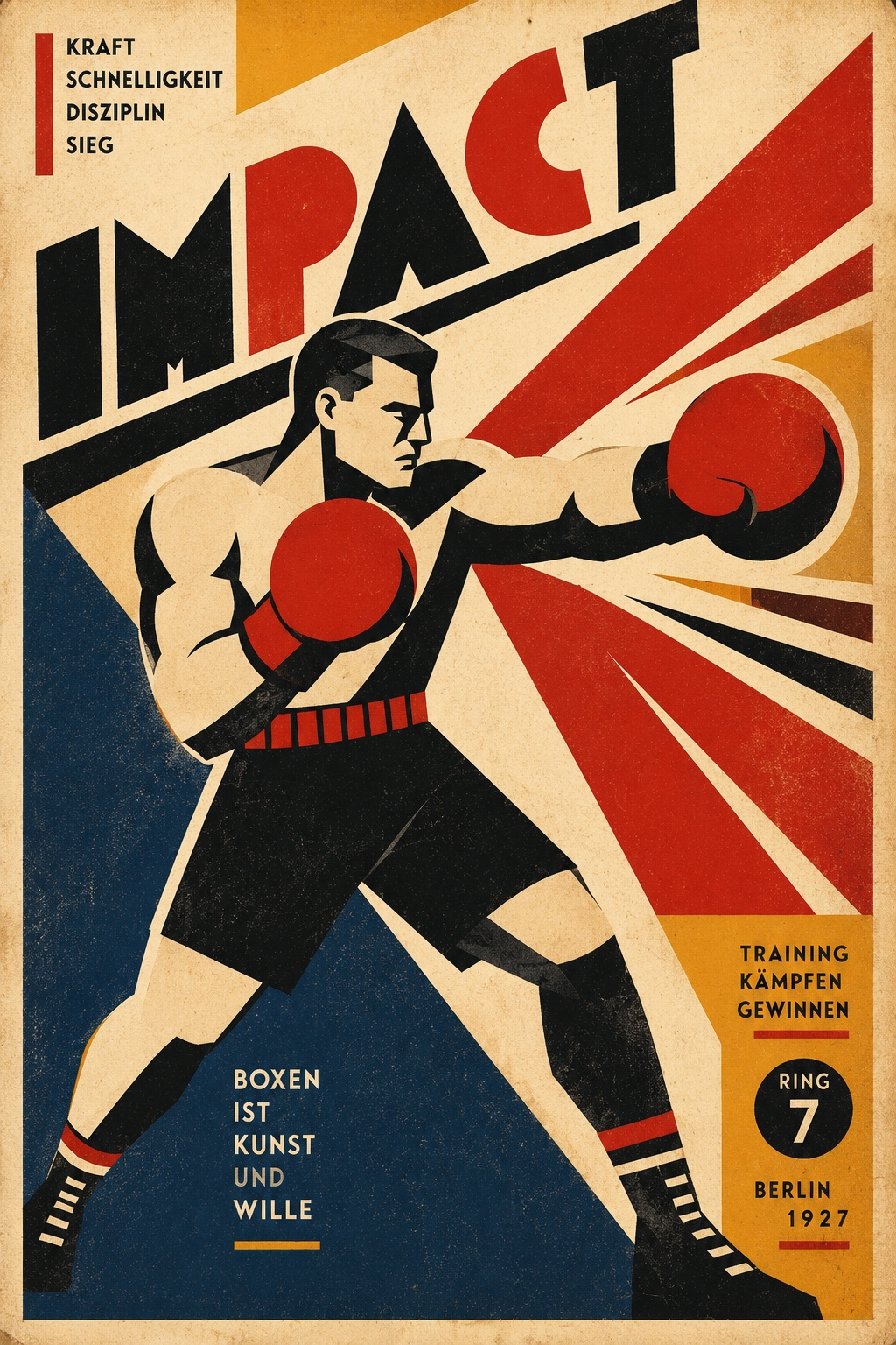 Vintage Bauhaus boxing poster featuring a geometric muscular fighter in fighting stance with oversized red gloves, sharp black lines, and dynamic diagonal impact lines on cream background.