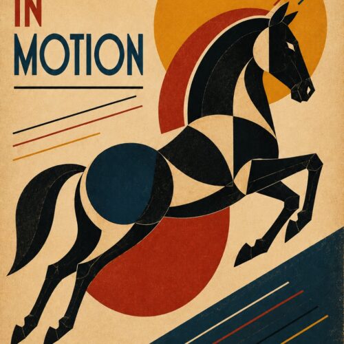 Vintage Bauhaus horse poster with geometric abstract forms in navy, crimson, and ochre against cream background, featuring bold lines and art deco composition.