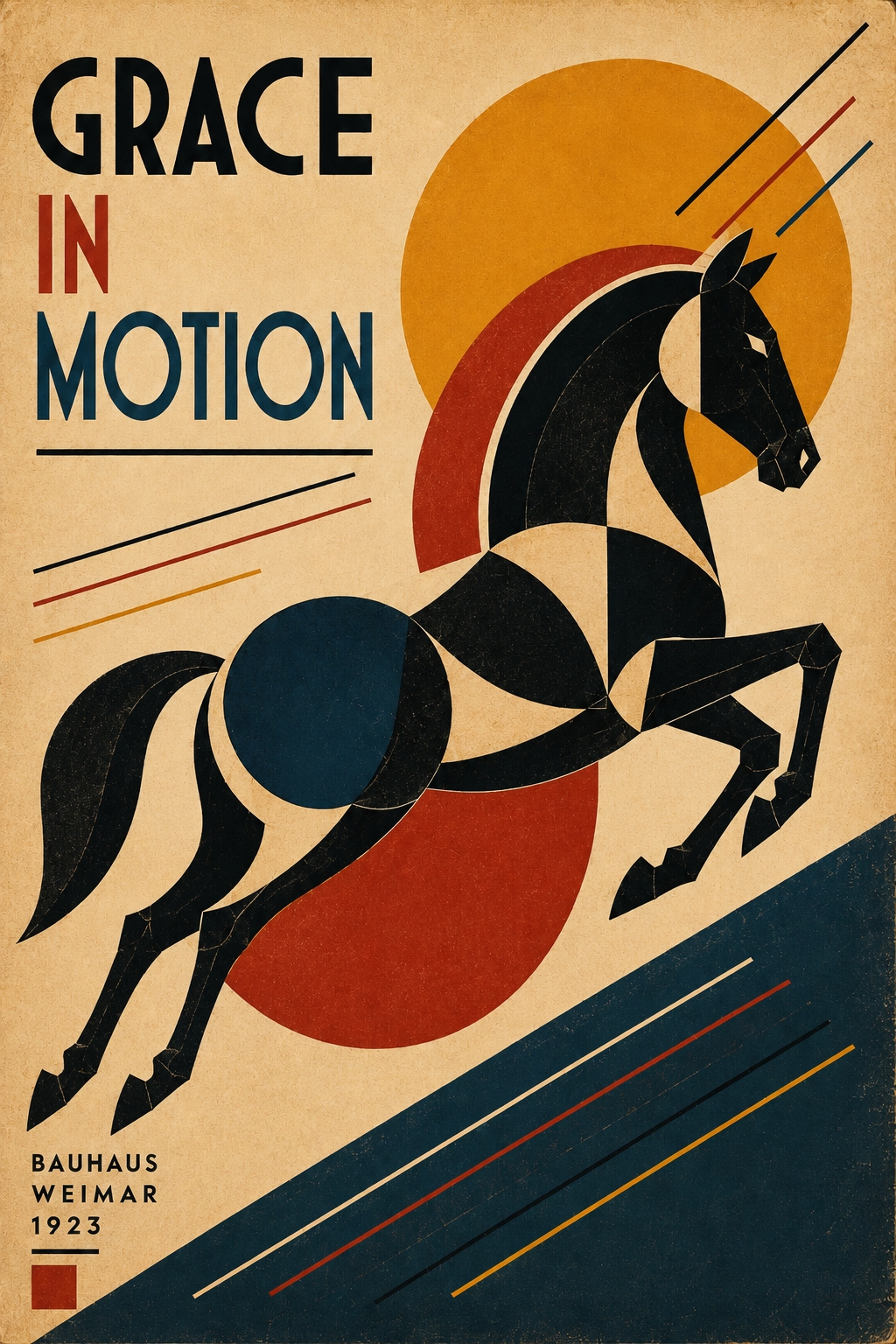 Vintage Bauhaus horse poster with geometric abstract forms in navy, crimson, and ochre against cream background, featuring bold lines and art deco composition.