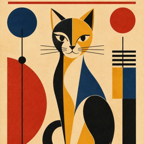 Bauhaus-style cat poster featuring a geometric feline in cream, navy, gold, red, and black with circles, triangles, and curved shapes.