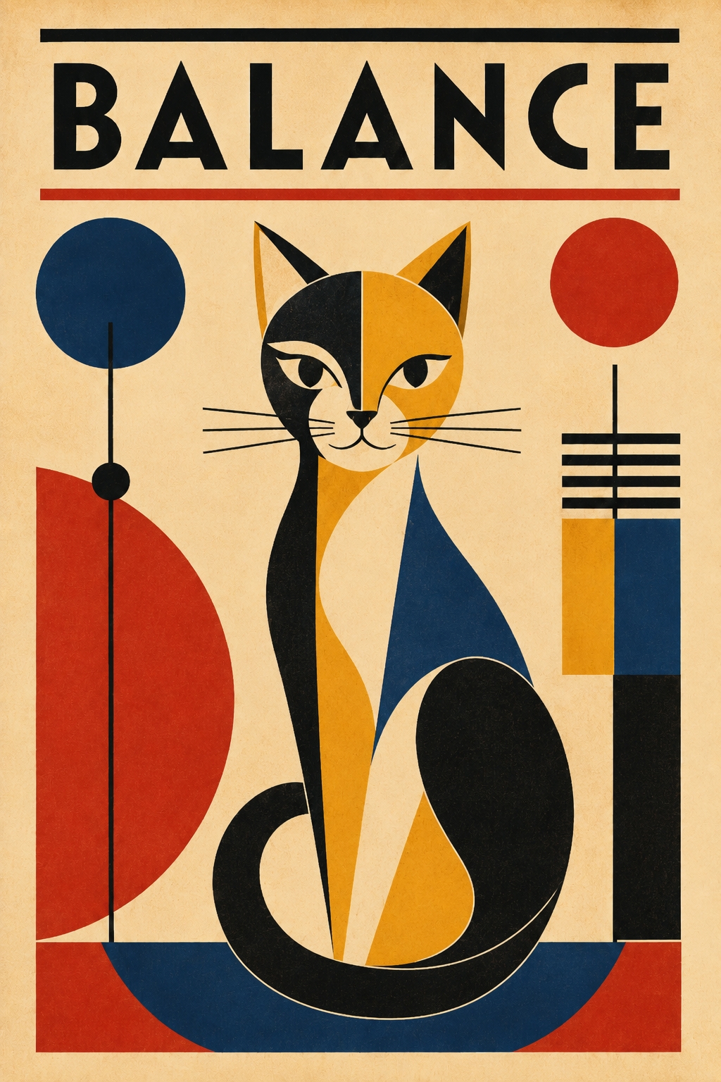 Bauhaus-style cat poster featuring a geometric feline in cream, navy, gold, red, and black with circles, triangles, and curved shapes.