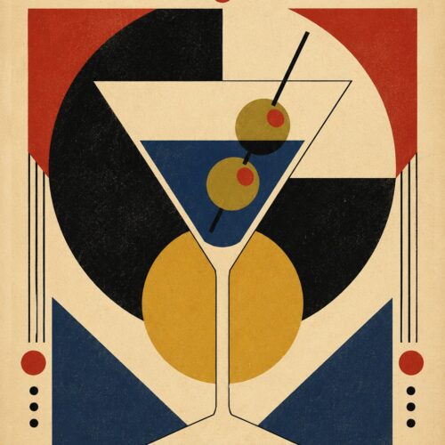 Vintage Art Deco cocktail poster featuring geometric martini glass with red, navy, and gold shapes on cream background, bold typography reading Balance & Spirit.