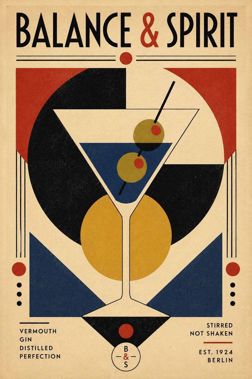 Vintage Art Deco cocktail poster featuring geometric martini glass with red, navy, and gold shapes on cream background, bold typography reading Balance & Spirit.