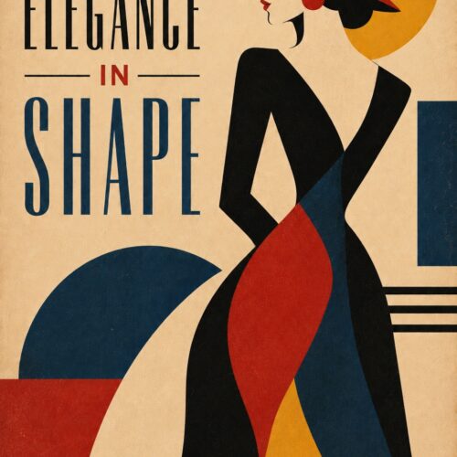 Stylized woman silhouette in bold geometric shapes wearing a long dress with red and blue panels, wearing a red hat, against cream background with Art Deco typography reading Elegance In Shape.