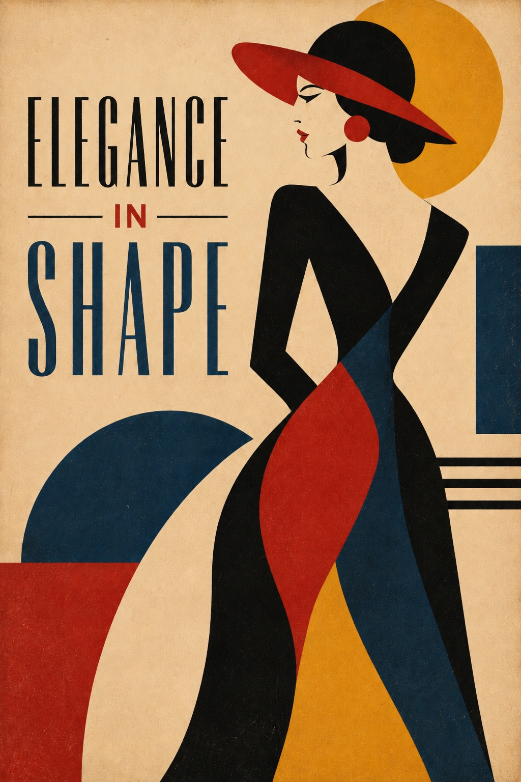 Stylized woman silhouette in bold geometric shapes wearing a long dress with red and blue panels, wearing a red hat, against cream background with Art Deco typography reading Elegance In Shape.