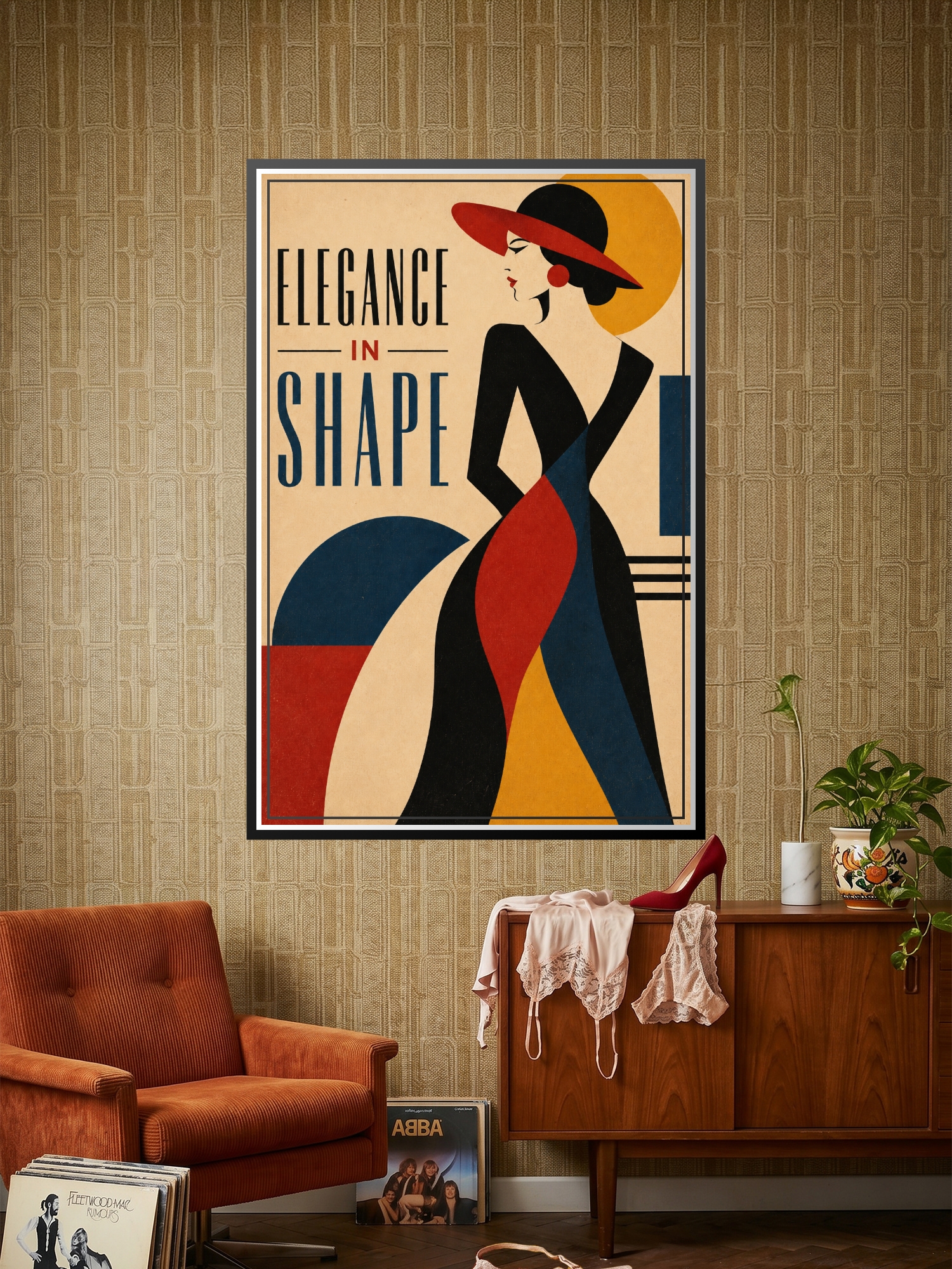 Stylized woman silhouette in bold geometric shapes wearing a long dress with red and blue panels, wearing a red hat, against cream background with Art Deco typography reading Elegance In Shape.