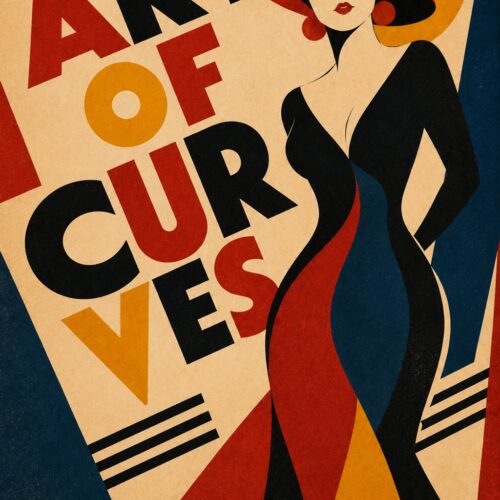 Art Deco poster of a stylized woman in red hat with flowing black curves and geometric shapes in gold, red, and navy blue, Bauhaus-inspired design.