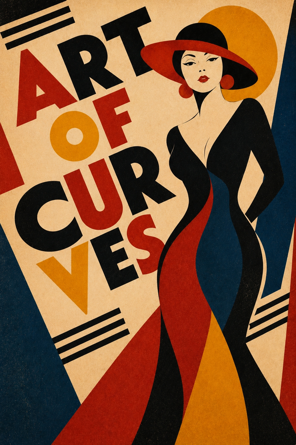 Art Deco poster of a stylized woman in red hat with flowing black curves and geometric shapes in gold, red, and navy blue, Bauhaus-inspired design.