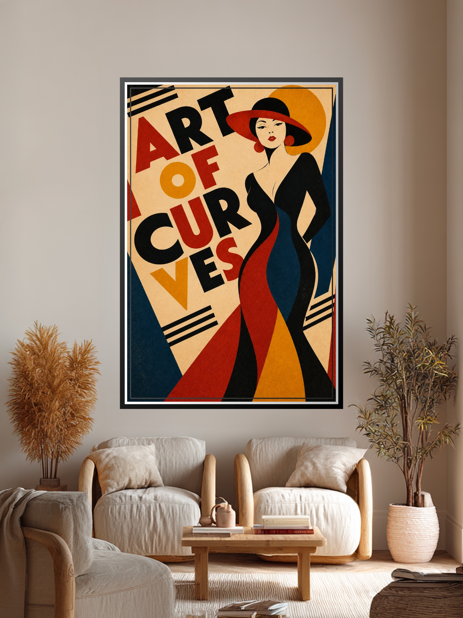 Art Deco poster of a stylized woman in red hat with flowing black curves and geometric shapes in gold, red, and navy blue, Bauhaus-inspired design.