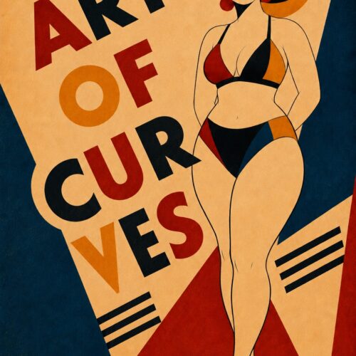 Bauhaus-inspired art deco poster of a stylized female figure with geometric curves wearing a red and orange bikini, framed by bold typography reading Art of Curves against cream, gold, navy, and red background.